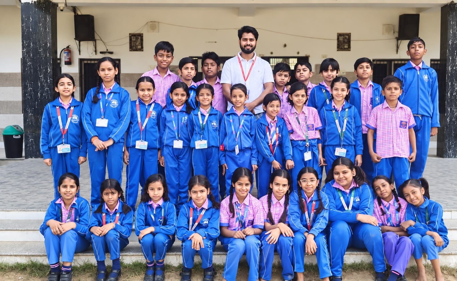 GVIS students and a teacher on the school's front steps