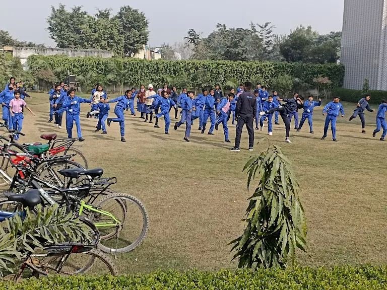 Students doing group physical training on the lawn